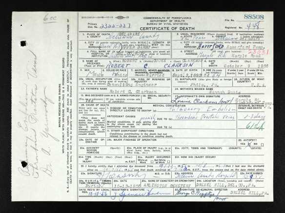 Ancestry.com. Pennsylvania, Death Certificates, 1906-1963 [database on-line]. Provo, UT, USA: Ancestry.com Operations, Inc., 2014. Original data: Pennsylvania (State). Death certificates, 1906–1963. Series 11.90 (1,905 cartons). Records of the Pennsylvania Department of Health, Record Group 11. Pennsylvania Historical and Museum Commission, Harrisburg, Pennsylvania.