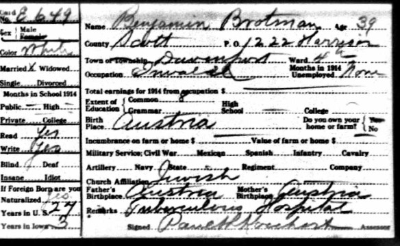 Benjamin Brotman 1915 Iowa census Ancestry.com. Iowa, State Census Collection, 1836-1925 [database on-line]. Provo, UT, USA: Ancestry.com Operations Inc, 2007. Original data: Microfilm of Iowa State Censuses, 1856, 1885, 1895, 1905, 1915, 1925 as well various special censuses from 1836-1897 obtained from the State Historical Society of Iowa via Heritage Quest.