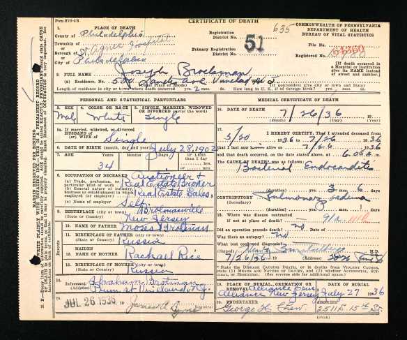 Joseph Brotman (Moses' son) death certificate Ancestry.com. Pennsylvania, Death Certificates, 1906-1963 [database on-line]. Provo, UT, USA: Ancestry.com Operations, Inc., 2014. Original data: Pennsylvania (State). Death certificates, 1906–1963. Series 11.90 (1,905 cartons). Records of the Pennsylvania Department of Health, Record Group 11. Pennsylvania Historical and Museum Commission, Harrisburg, Pennsylvania.