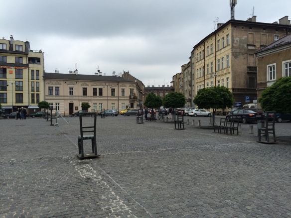The ghetto in Podgorze.  The empty chairs evoke the chairs that were left behind by those who had been sitting while awaiting the transports that took them to the camps
