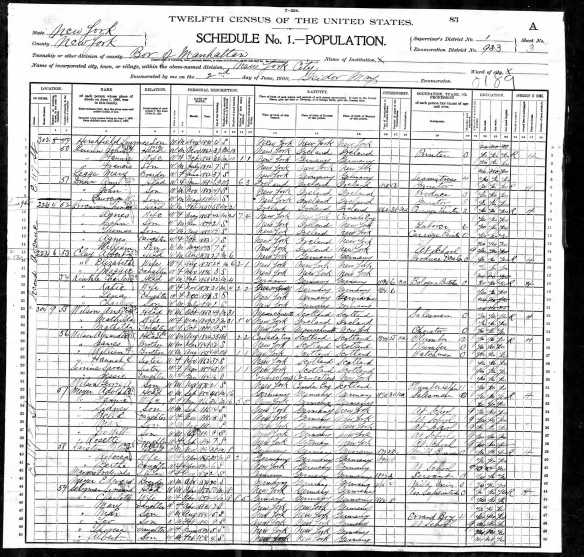 Sigmund and Sarah Seligman 1900 US census  Year: 1900; Census Place: Manhattan, New York, New York; Roll: 1123; Page: 3A; Enumeration District: 0933; FHL microfilm: 1241123