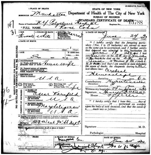 Rose Cohn death certificate