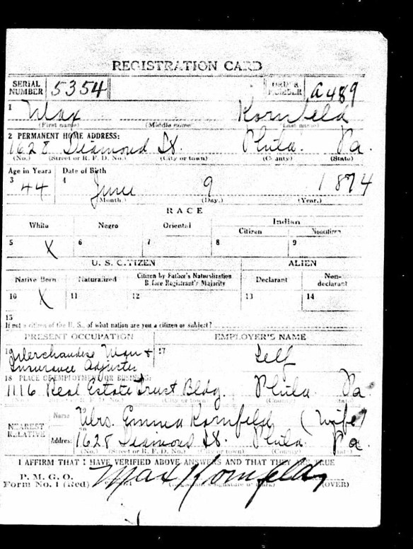 Registration State: Pennsylvania; Registration County: Philadelphia; Roll: 1907649; Draft Board: 29