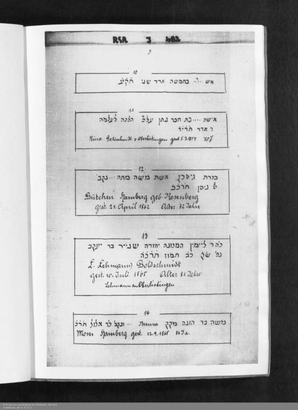 Headstone for Guetchen Rosenberg Hamberg (12) and Moses HambergHHStAW Abt. 365 Nr. 97, S. 6 