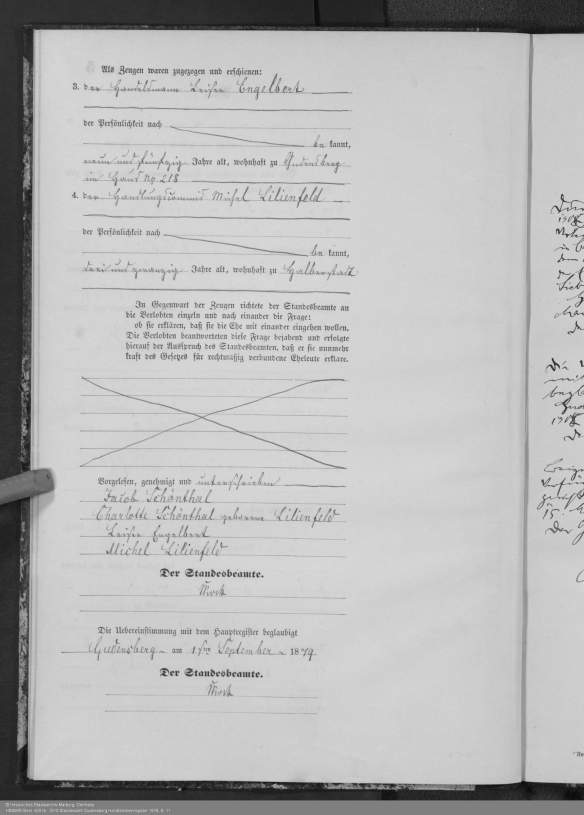 Marriage record of Jacob Schoenthal and Charlotte (Lottechen) Lilienfeld HStAMR Best. 920 Nr. 2610 Standesamt Gudensberg Heiratsnebenregister 1879, S. 11