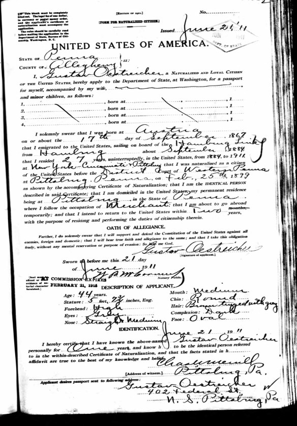 Gustav Oestreicher passport application National Archives and Records Administration (NARA); Washington D.C.; NARA Series: Passport Applications, January 2, 1906 - March 31, 1925; Roll #: 141; Volume #: Roll 0141 - Certificates: 55972-56871, 23 Jun 1911-05 Jul 1911