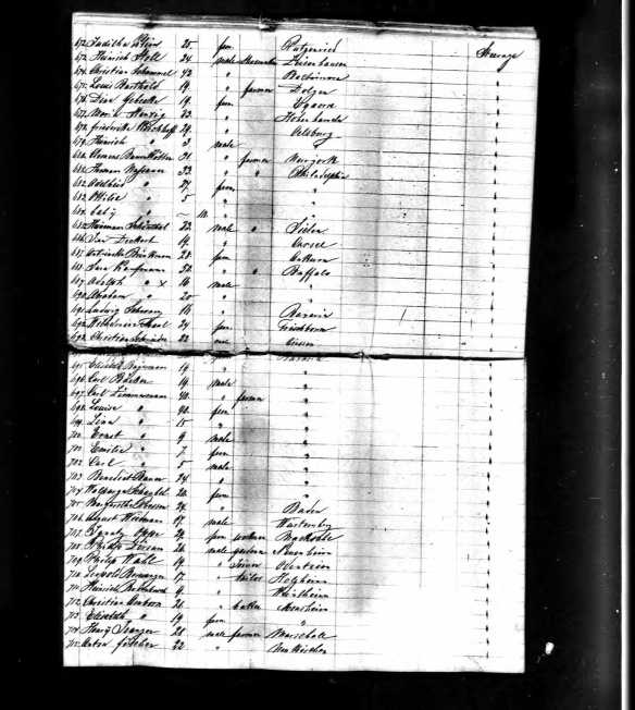 Henry Schoenthal 1866 ship manifest, line 85 Year: 1866; Arrival: New York, New York; Microfilm Serial: M237, 1820-1897; Microfilm Roll: Roll 267; Line: 1; List Number: 679