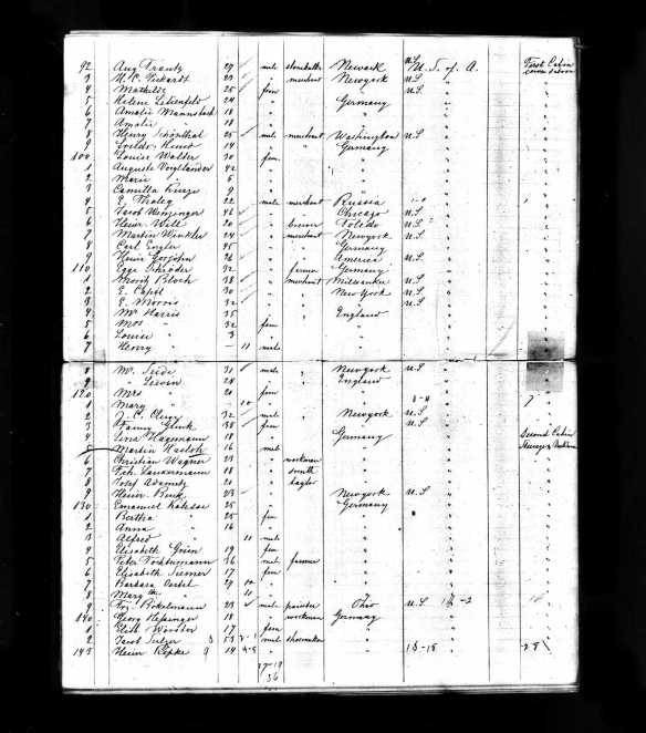 Henry Schoenthal and Helene Lilienfeld 1872 ship manifest lines 95 to 98 Year: 1872; Arrival: New York, New York; Microfilm Serial: M237, 1820-1897; Microfilm Roll: Roll 359; Line: 1; List Number: 484