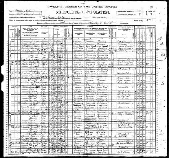 Jennie and Max Arnold 1900 census Year: 1900; Census Place: Allegheny Ward 2, Allegheny, Pennsylvania; Roll: 1354; Page: 3B; Enumeration District: 0009; FHL microfilm: 1241354