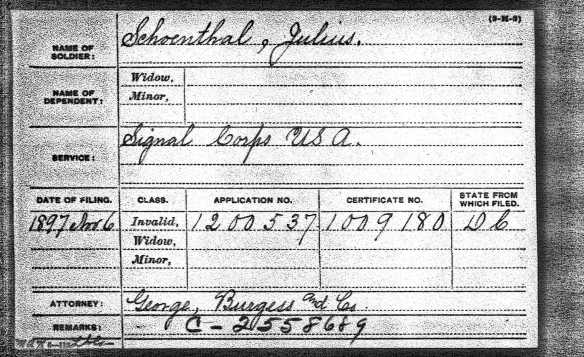 Julius Schoenthal pension index card U.S., Civil War Pension Index: General Index to Pension Files, 1861-1934