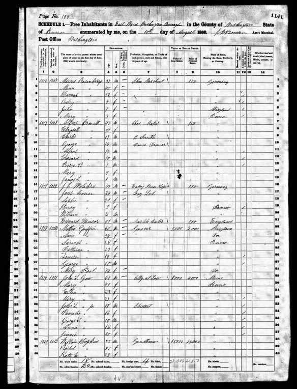 Markus Rosenberg and family 1860 US census Year: 1860; Census Place: Washington, Washington, Pennsylvania; Roll: M653_1192; Page: 1141; Image: 580; Family History Library Film: 805192