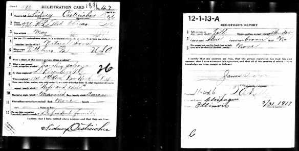 Sidney Oestreicher WW I draft registration Registration State: Illinois; Registration County: Cook; Roll: 1439758; Draft Board: 13