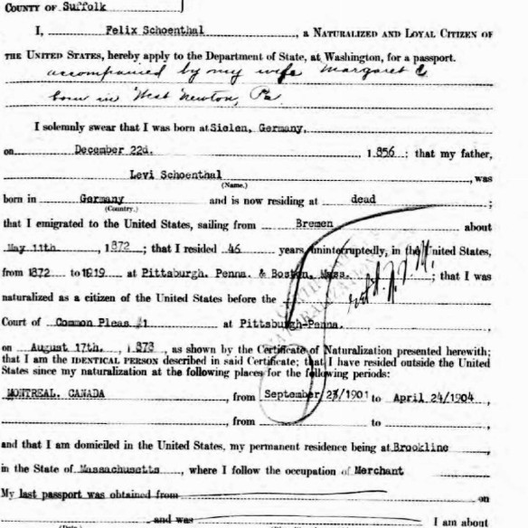 Felix Schoenthal passport application, National Archives and Records Administration (NARA); Washington D.C.; NARA Series: Passport Applications, January 2, 1906 - March 31, 1925; Roll #: 728; Volume #: Roll 0728 - Certificates: 70500-70749, 19 Mar 1919-20 Mar 1919