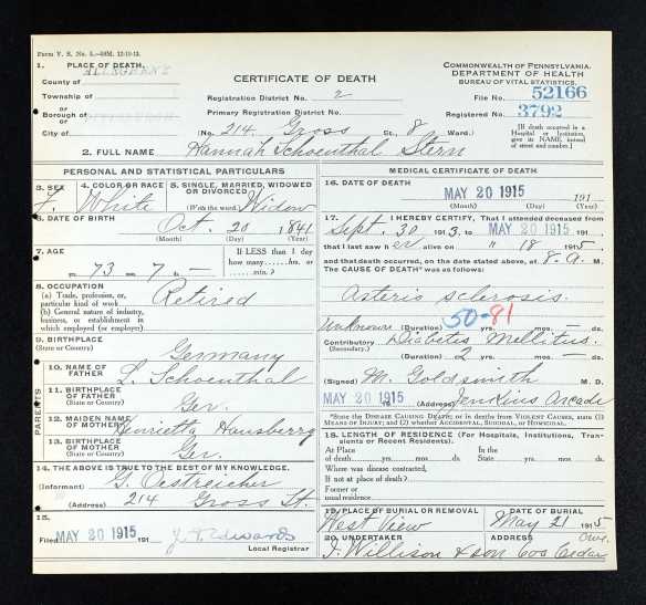 Hannah Schoenthal Stern death certificate Ancestry.com. Pennsylvania, Death Certificates, 1906-1963 [database on-line]. Provo, UT, USA: Ancestry.com Operations, Inc., 2014. Original data: Pennsylvania (State). Death certificates, 1906–1963. Series 11.90 (1,905 cartons). Records of the Pennsylvania Department of Health, Record Group 11. Pennsylvania Historical and Museum Commission, Harrisburg, Pennsylvania