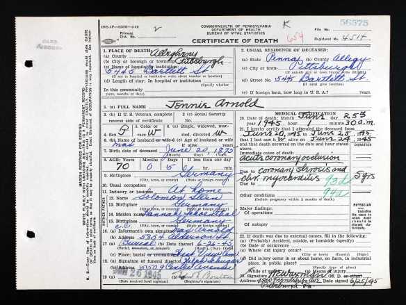 Jennie Stern Arnold death certificate Ancestry.com. Pennsylvania, Death Certificates, 1906-1963 [database on-line]. Provo, UT, USA: Ancestry.com Operations, Inc., 2014. Original data: Pennsylvania (State). Death certificates, 1906–1963. Series 11.90 (1,905 cartons). Records of the Pennsylvania Department of Health, Record Group 11. Pennsylvania Historical and Museum Commission, Harrisburg, Pennsylvania.
