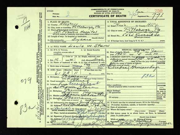 Louis W. Stern death certificate Ancestry.com. Pennsylvania, Death Certificates, 1906-1963 [database on-line]. Provo, UT, USA: Ancestry.com Operations, Inc., 2014. Original data: Pennsylvania (State). Death certificates, 1906–1963. Series 11.90 (1,905 cartons). Records of the Pennsylvania Department of Health, Record Group 11. Pennsylvania Historical and Museum Commission, Harrisburg, Pennsylvania.