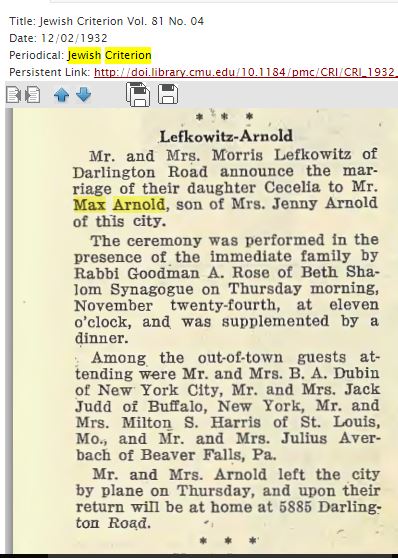 Jewish Criterion, December 2, 1932 http://digitalcollections.library.cmu.edu/portal/service.jsp?awdid=1&smd=1#