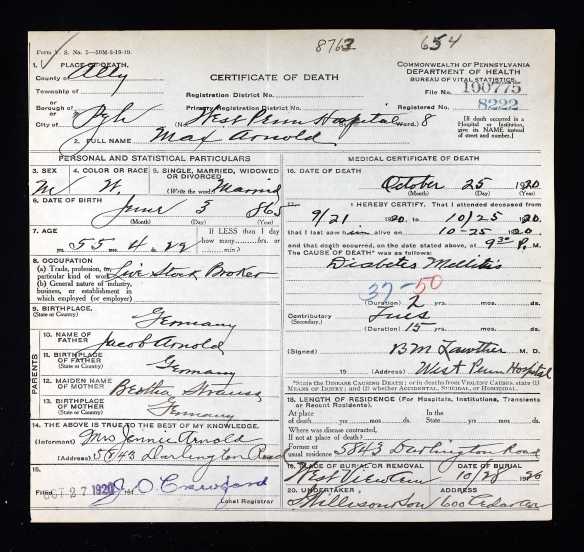 Max Arnold, Sr. death certificate Ancestry.com. Pennsylvania, Death Certificates, 1906-1963 [database on-line]. Provo, UT, USA: Ancestry.com Operations, Inc., 2014. Original data: Pennsylvania (State). Death certificates, 1906–1963. Series 11.90 (1,905 cartons). Records of the Pennsylvania Department of Health, Record Group 11. Pennsylvania Historical and Museum Commission, Harrisburg, Pennsylvania.