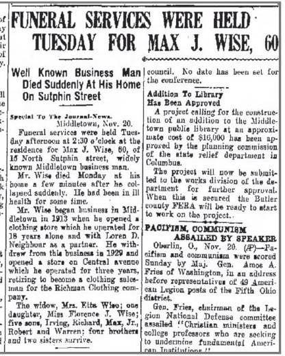 Obituary for Max J. Wise, The Journal News (Hamilton, Ohio) , November 20, 1934 p 2.