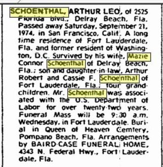 Arthur Leo Schoenthal death notice 1974