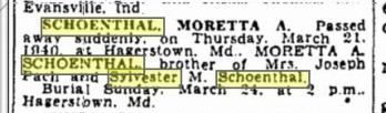 Moretta Schoenthal death notice 1940