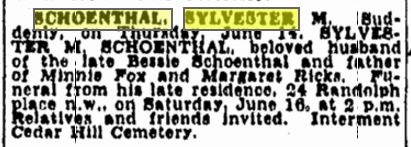 Sylvester Schoenthal death notice June 15 1945 p 8 Washington Evening Star