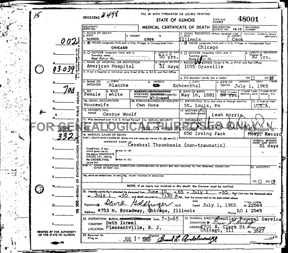 Blanche Woolf Schoenthal death certificate