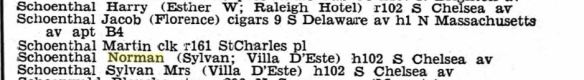 Harry, Esther, Norman, and Sylvan Schoenthal 1938 Atlantic City directory Ancestry.com. U.S. City Directories, 1822-1995 [database on-line]. Provo, UT, USA: Ancestry.com Operations, Inc., 2011. Original data: Original sources vary according to directory. 