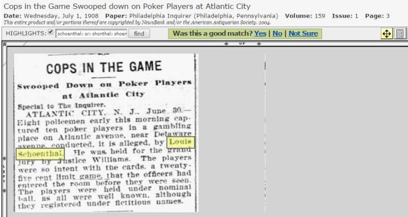 Louis Schoenthal poker arrest 1908 Atl City