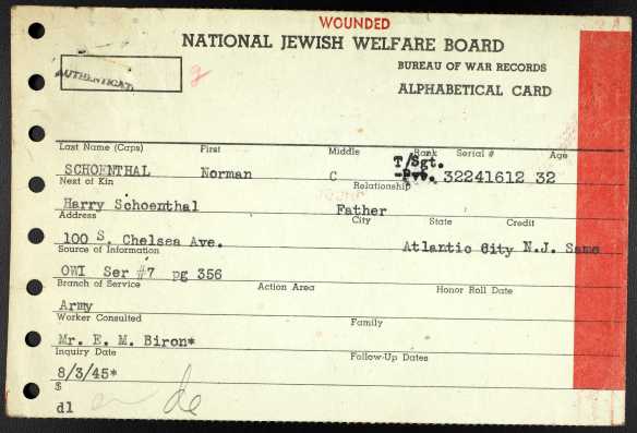 Ancestry.com. U.S., WWII Jewish Servicemen Cards, 1942-1947 [database on-line]. Provo, UT, USA: Ancestry.com Operations, Inc. Original data: Alphabetical Master Cards, 1942–1947; Series VI, Card Files—Bureau of War Records, Master Index Cards, 1943–1947; National Jewish Welfare Board, Bureau of War Records, 1940–1969; I-52; boxes 273–362. New York, New York: American Jewish Historical Society, Center for Jewish History.