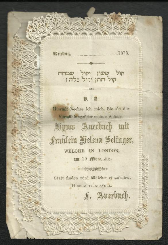 Invitation to the wedding of Helena Selinger and Hyms Auerbach Courtesy of Shirley Allen