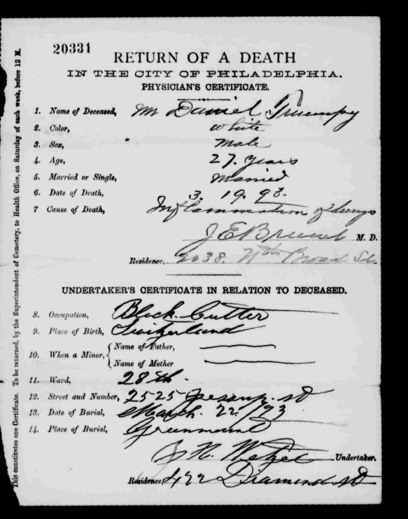 Daniel Truempy death certificate Pennsylvania, Philadelphia City Death Certificates, 1803-1915," database with images, FamilySearch (https://familysearch.org/ark:/61903/1:1:J6MC-B24 : accessed 12 February 2016), Daniel Truempy, 19 Mar 1893; citing cn 20331, Philadelphia City Archives and Historical Society of Pennsylvania, Philadelphia; FHL microfilm 1,902,335.