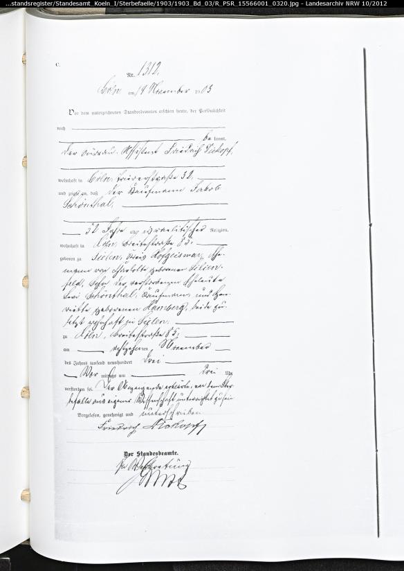 Jakob Schoenthal death certificate Das Digitale Historiche Archiv Koln, Civil registry, civil registry Cologne I, deaths, 1903 1903 Vol 03 p.320