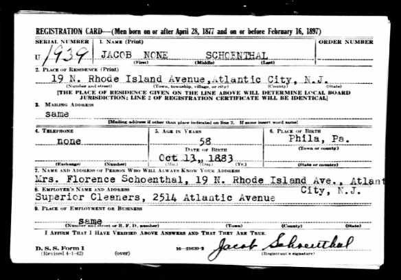 Jacob Schoenthal World War II draft registration Ancestry.com. U.S., World War II Draft Registration Cards, 1942 [database on-line]. Provo, UT, USA: Ancestry.com Operations, Inc., 2010. Original data: United States, Selective Service System. Selective Service Registration Cards, World War II: Fourth Registration. Records of the Selective Service System, Record Group Number 147. National Archives and Records Administration. Full Source Citation.