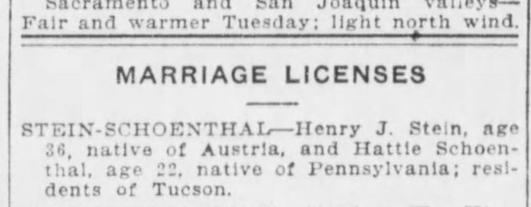 Marriage license notice for Hettie Schoenthal and Henry Stein Los Angeles Herald Tribune, August 24, 1909, p. 14