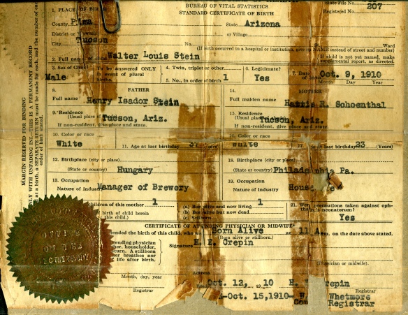 Birth certificate of Walter Stein courtesy of the family