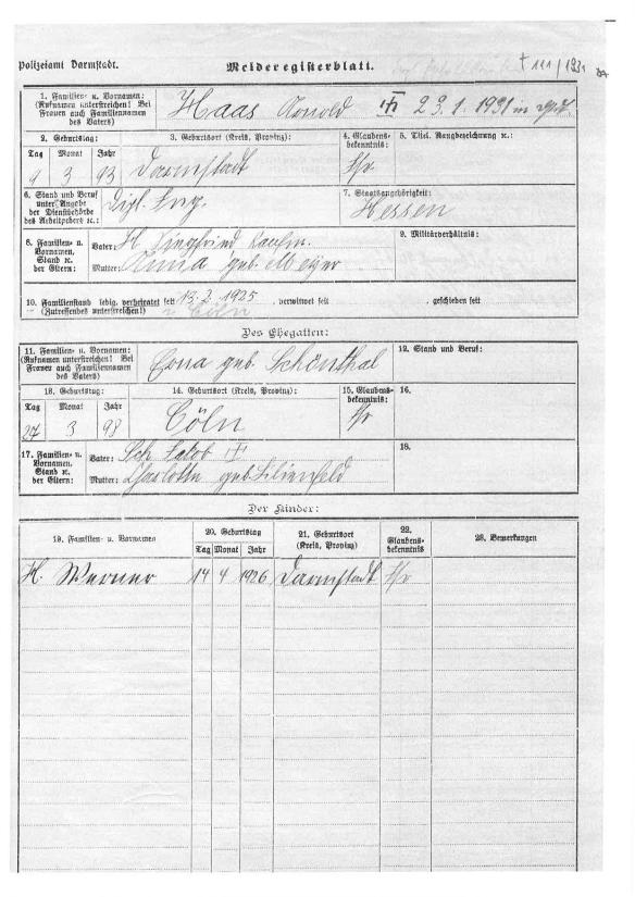 Darmstadt register for Arnold Haas and family indicating birth, marriage, and death of Haas and birth of son Werner