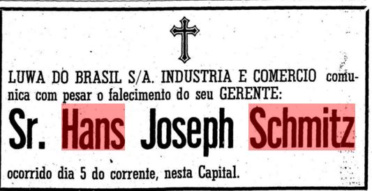 Hans Schmitz death notice April 7, 1970 O Estado de Sao Paulo