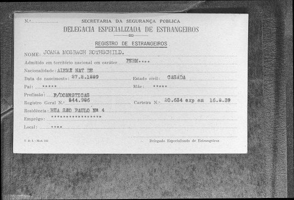 Brasil, São Paulo, Cartões de Imigração, 1902-1980," database with images, FamilySearch (https://familysearch.org/ark:/61903/1:1:QKJG-XR67 : accessed 31 March 2016), Joana Mosbach, 1939; citing Immigration, São Paulo, São Paulo, Brazil, certificate 20634, registration 544986, Arquivo Público do Estado de São Paulo (São Paulo State Public Archives, São Paulo).