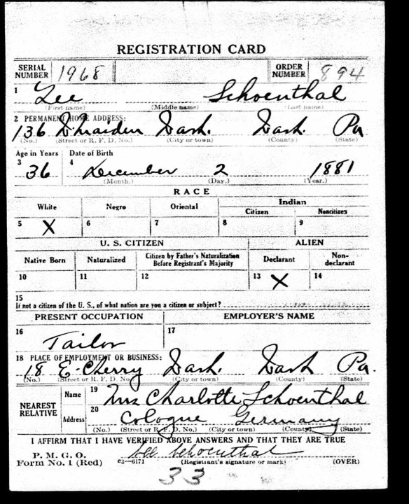 Lee Schoenthal World War I draft registration Ancestry.com. U.S., World War I Draft Registration Cards, 1917-1918 [database on-line]. Provo, UT, USA: Ancestry.com Operations Inc, 2005. Original data: United States, Selective Service System. World War I Selective Service System Draft Registration Cards, 1917-1918. Washington, D.C.: National Archives and Records Administration. M1509, 4,582 rolls. Imaged from Family History Library microfilm.