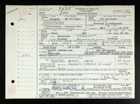 Werner Haas death certificate Ancestry.com. Pennsylvania, Death Certificates, 1906-1963 [database on-line]. Provo, UT, USA: Ancestry.com Operations, Inc., 2014. Original data: Pennsylvania (State). Death certificates, 1906–1963. Series 11.90 (1,905 cartons). Records of the Pennsylvania Department of Health, Record Group 11. Pennsylvania Historical and Museum Commission, Harrisburg, Pennsylvania.