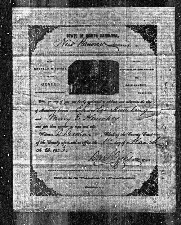 Charles Hamberg and Mary Hanchey marriage record 1853 Ancestry.com. North Carolina, Marriage Records, 1741-2011 [database on-line]. Provo, UT, USA: Ancestry.com Operations, Inc., 2015. Original data: North Carolina County Registers of Deeds. Microfilm. Record Group 048. North Carolina State Archives, Raleigh, NC.
