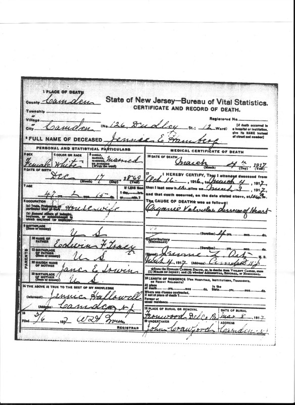Jennie Tracey Hamberg death certificate