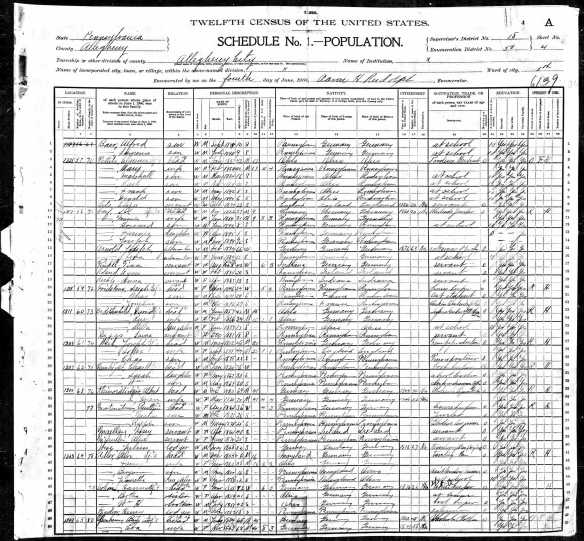 Jacob and Amalia Hamberg Baer 1900 census Year: 1900; Census Place: Allegheny Ward 5, Allegheny, Pennsylvania; Roll: 1356; Enumeration District: 0050; FHL microfilm: 1241356