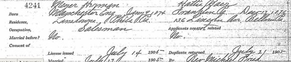 Marriage record of Hattie Baer and Meyer Herman Pennsylvania, County Marriages, 1885-1950," database with images, FamilySearch (https://familysearch.org/pal:/MM9.3.1/TH-1951-21130-27078-9?cc=1589502 : accessed 12 May 2016), 004264779 > image 383 of 454; county courthouses, Pennsylvania.