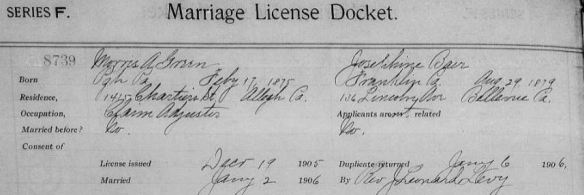 Marriage record of Morris Green and Josephine Baer Pennsylvania, County Marriages, 1885-1950," database with images, FamilySearch (https://familysearch.org/pal:/MM9.3.1/TH-1942-20622-18713-16?cc=1589502 : accessed 10 June 2016), 004811570 > image 334 of 449; county courthouses, Pennsylvania.