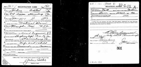 Julius Adler, World War I draft registration Registration State: Pennsylvania; Registration County: Dauphin; Roll: 1893237; Draft Board: 3