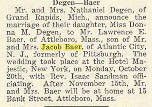 Engagement announcement of Lawrence Baer and Donna Degen, Pittsburgh Jewish Criterion, October 24, 1919
