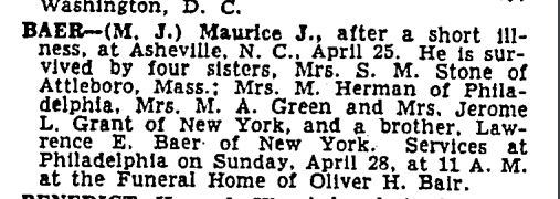Maurice Jay Baer death notice New York Times, April 27, 1946