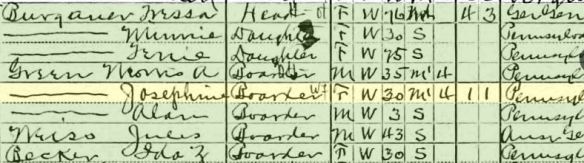 Morris and Josephine Baer Green on 1910 census Year: 1910; Census Place: Pittsburgh Ward 8, Allegheny, Pennsylvania; Roll: T624_1301; Page: 2A; Enumeration District: 0379; FHL microfilm: 1375314